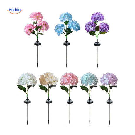 Hydrangea garden lantern set with LED solar lights for coordinated yard decoration.
