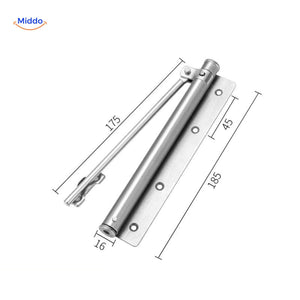 Hydraulic door closer with 150-degree opening angle adjustment in stainless steel.