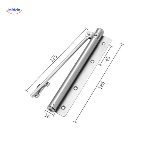 Hydraulic door closer with 150-degree opening angle adjustment in stainless steel.