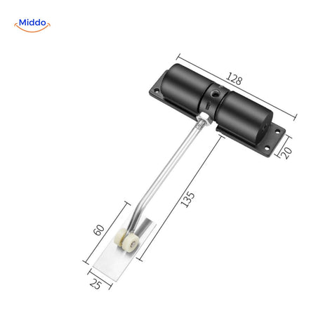 Black door closer featuring integrated roller for effortless closing action.