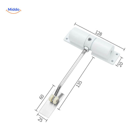 Door closer with roller mechanism in white for smooth, guided closing.