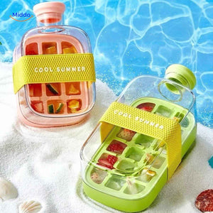 Ice bottle at beach with colorful fruit ice cubes, perfect for summer