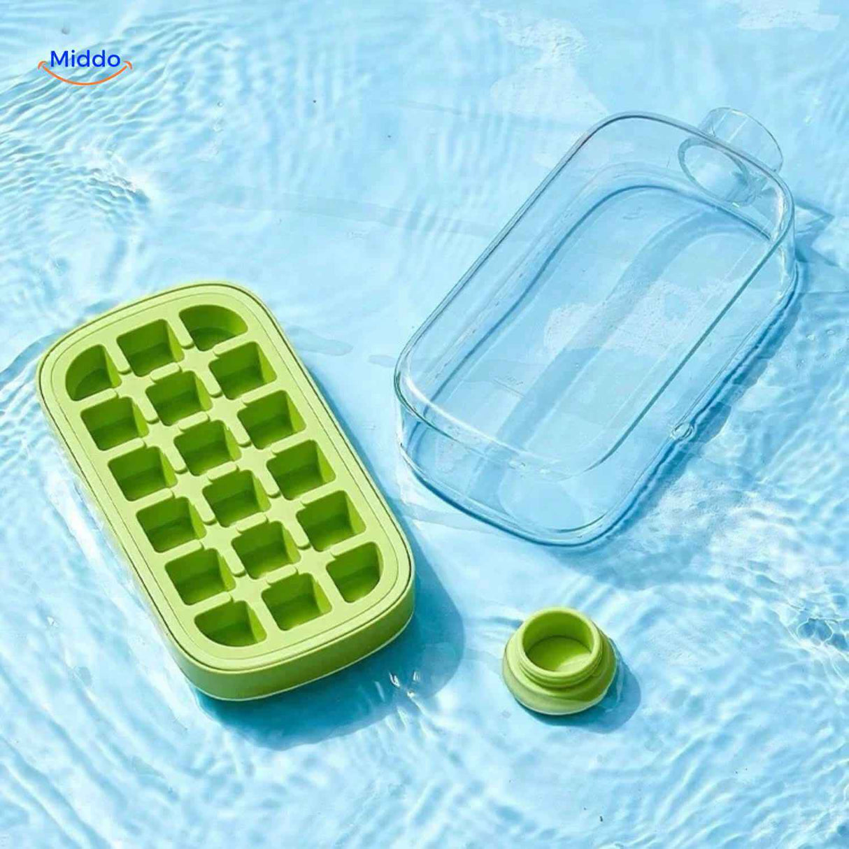 Disassembled ice bottle showing all parts and green ice mold block