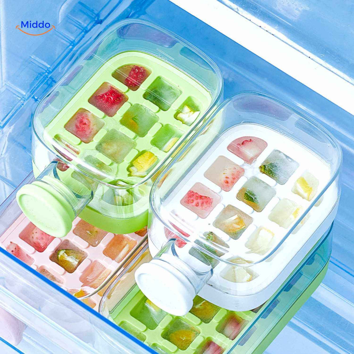 Ice bottle in freezer with colorful fruit ice blocks using modular design