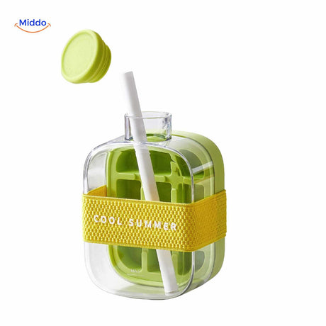 Green ice bottle with straw and cool summer carrying strap
