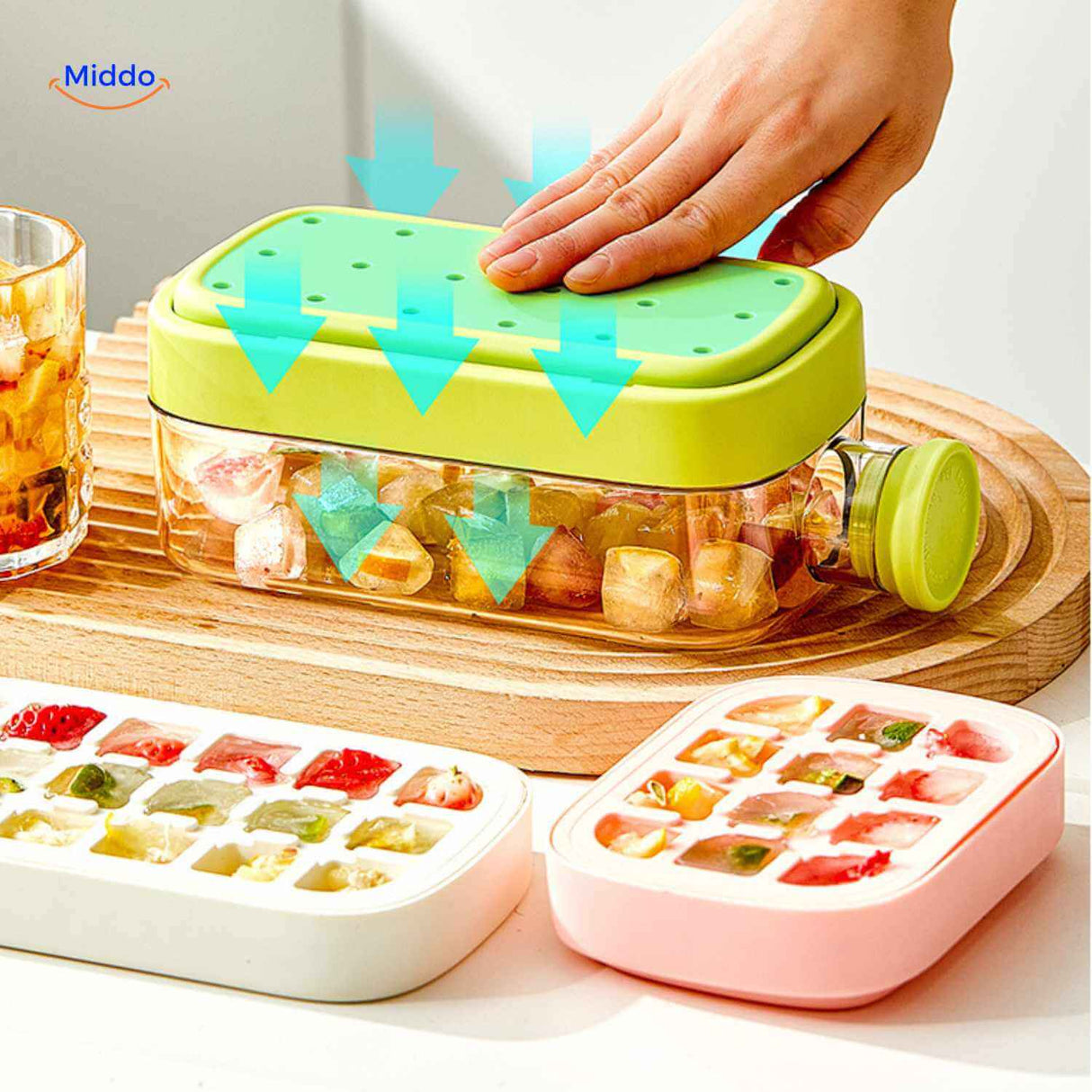 Ice cube maker with fruit, press-closure lid, and storage option