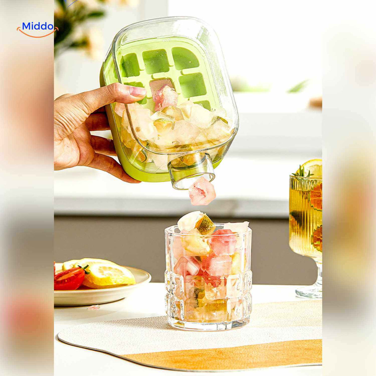 Ice bottle pouring colorful fruit-infused ice cubes into a glass