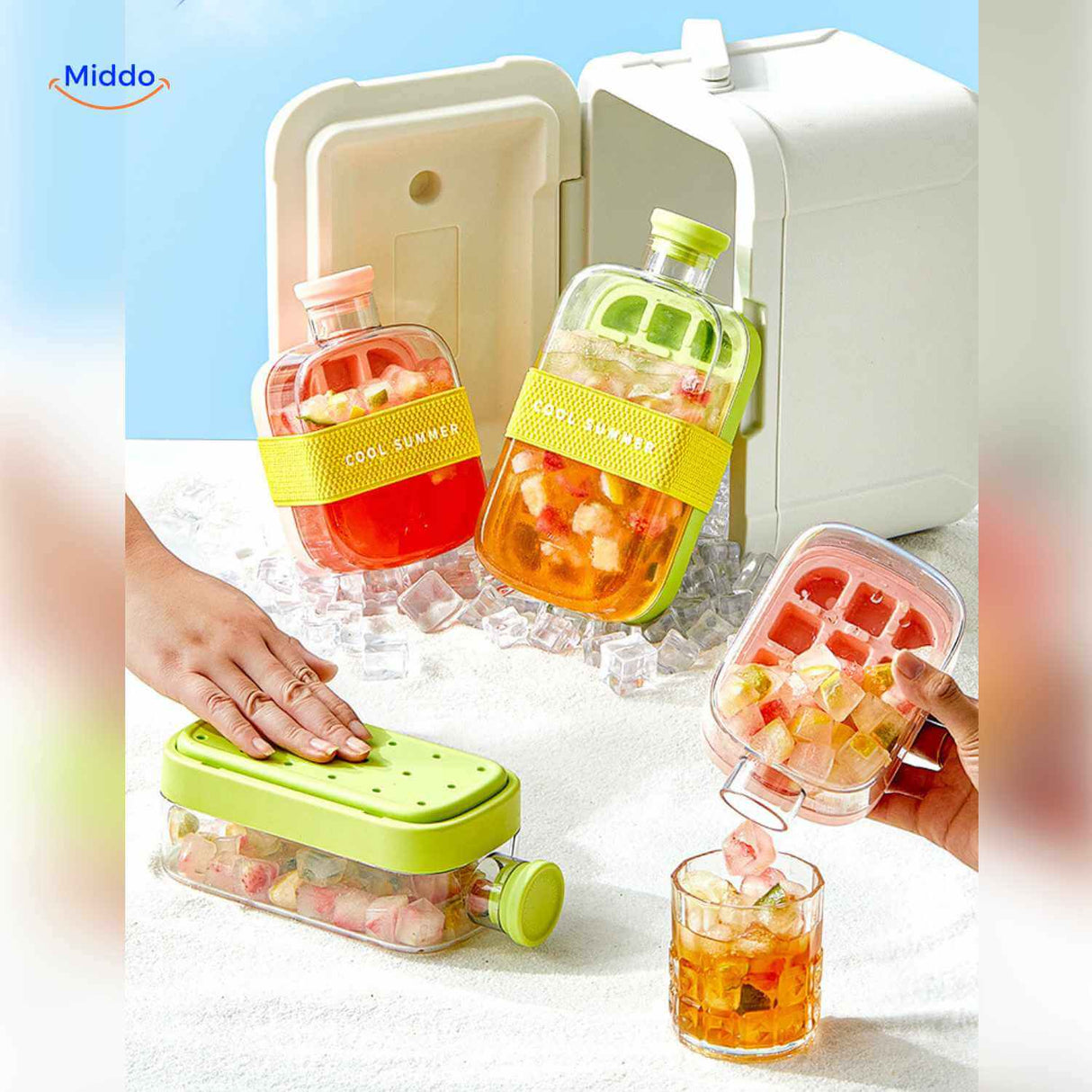 Complete ice bottle set with cooler, fruit ice, and pouring bottle