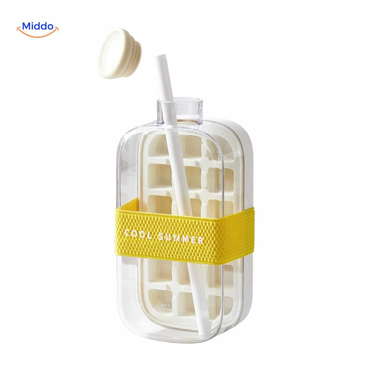 White ice bottle with open screw cap, straw, and cool summer strap