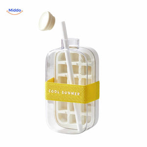 White ice bottle with open screw cap, straw, and cool summer strap
