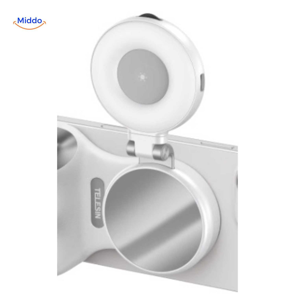 Illuminated ring light with mirror for professional selfies.
