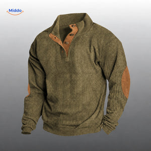 IndieWear army green corduroy sweater with brown button placket and elbow patches.