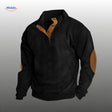 IndieWear black corduroy sweater with brown button placket and elbow patches.