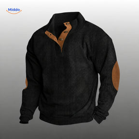 IndieWear black corduroy sweater with brown button placket and elbow patches.
