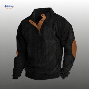 IndieWear black corduroy sweater with brown button placket and elbow patches.