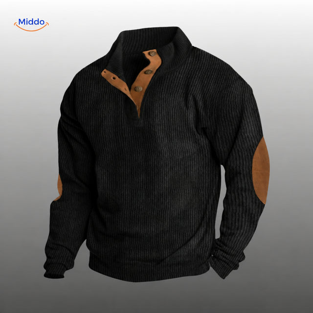 IndieWear black corduroy sweater with brown button placket and elbow patches.