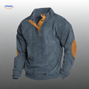 IndieWear blue grey corduroy sweater with brown button placket and elbow patches.