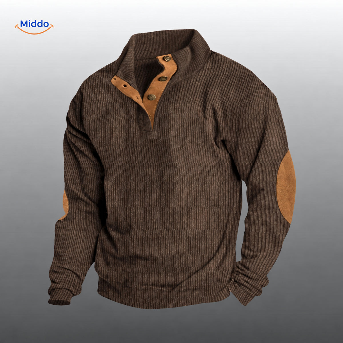 IndieWear brown corduroy sweater with brown button placket and elbow patches.