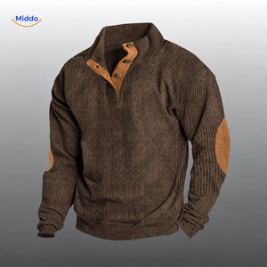 IndieWear brown corduroy sweater with brown button placket and elbow patches.