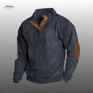 IndieWear navy blue corduroy sweater with brown button placket and elbow patches.