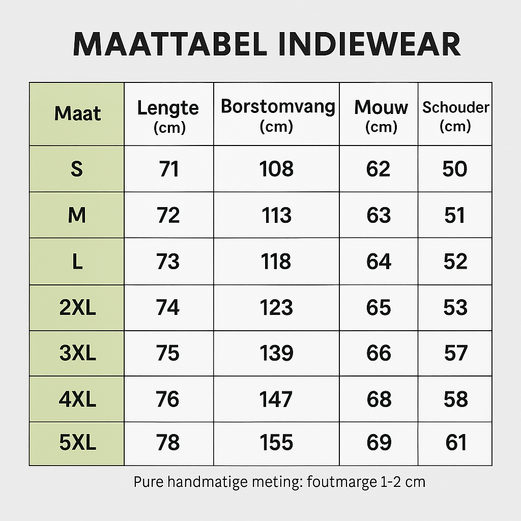IndieWear corduroy sweater size chart with length, chest, sleeve and shoulder measurements in centimetres.