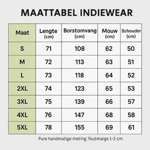 IndieWear corduroy sweater size chart with length, chest, sleeve and shoulder measurements in centimetres.