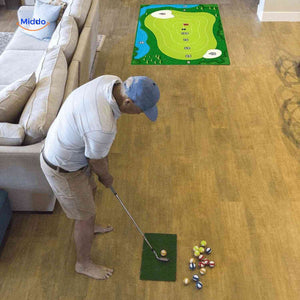 Indoor golf training mat for year-round practice and swing improvement.