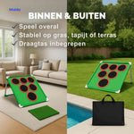 Indoor-outdoor golf target game mat with multiple target holes and balls.