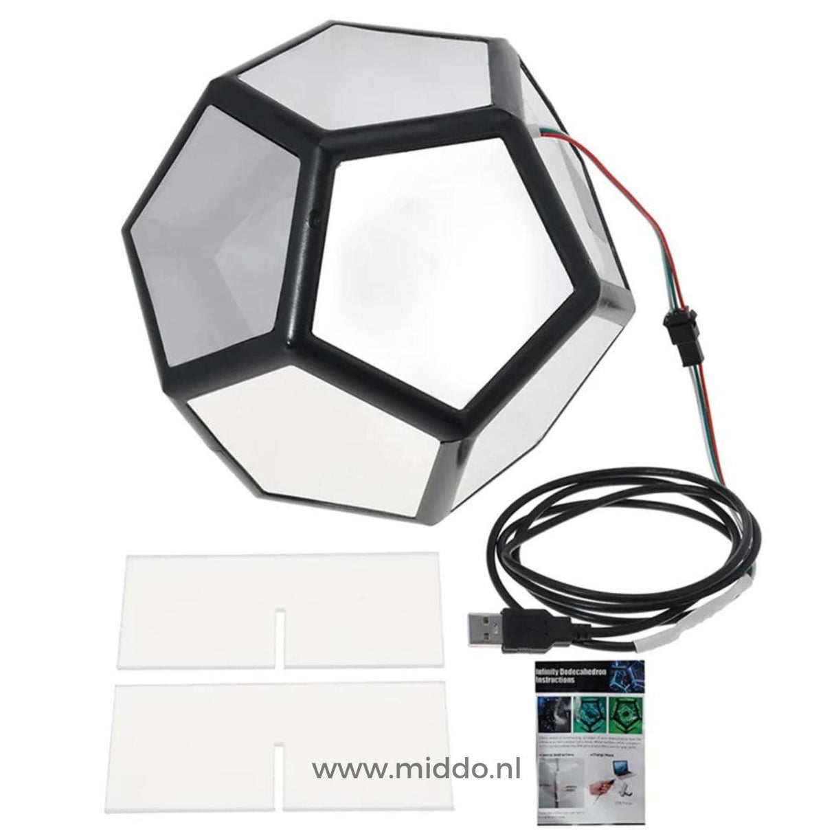 Infinity 3D light sphere with included accessories and packaging contents.