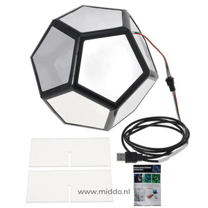 Infinity 3D light sphere with included accessories and packaging contents.