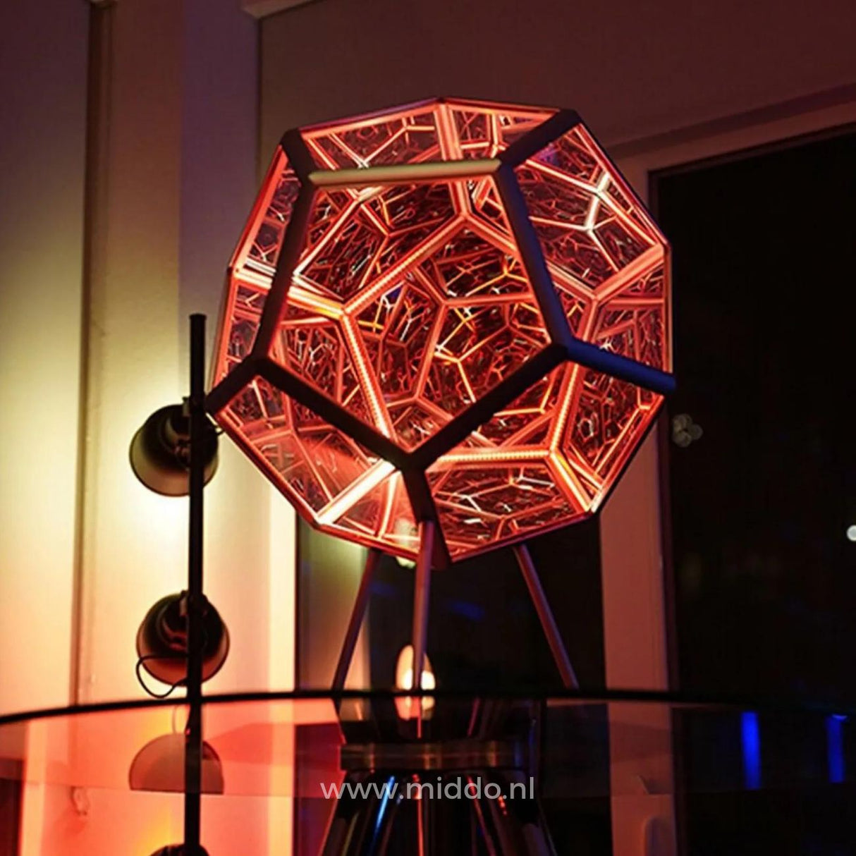Infinity light sphere glowing in bold red color with dimmable brightness control.