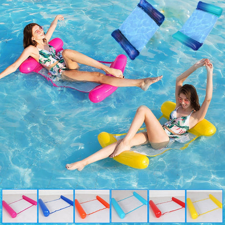 Person relaxing on inflatable water hammock in pool.