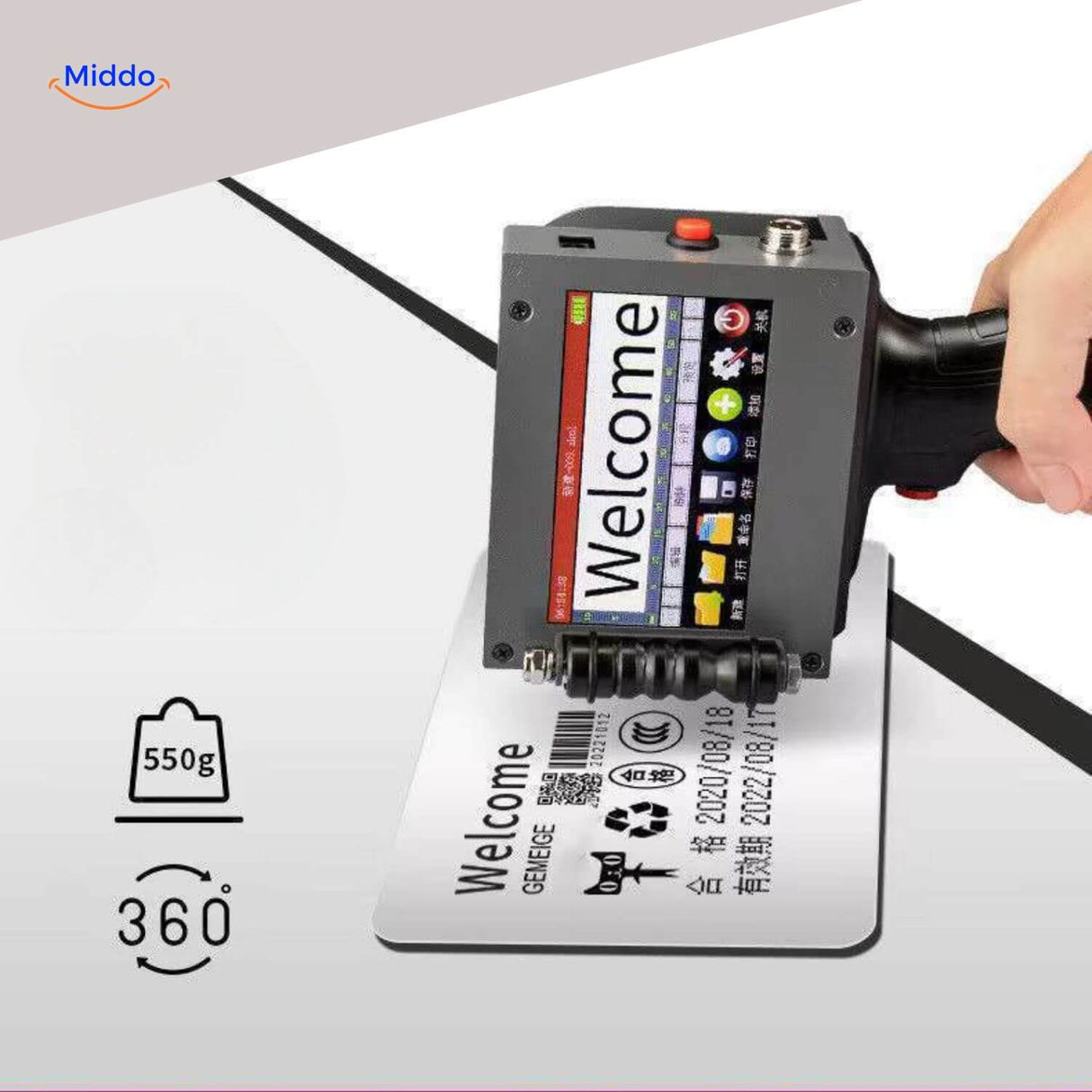 Full 360-degree view of PrintPro Ink in action, demonstrating the handheld printing capability.
