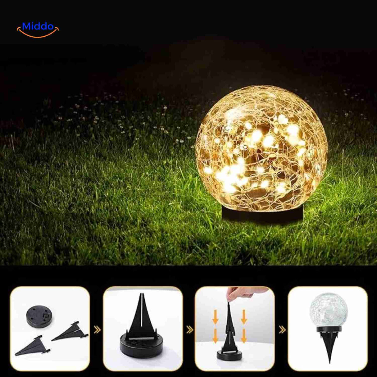 Installation process for solar LED lamp with ground stake.