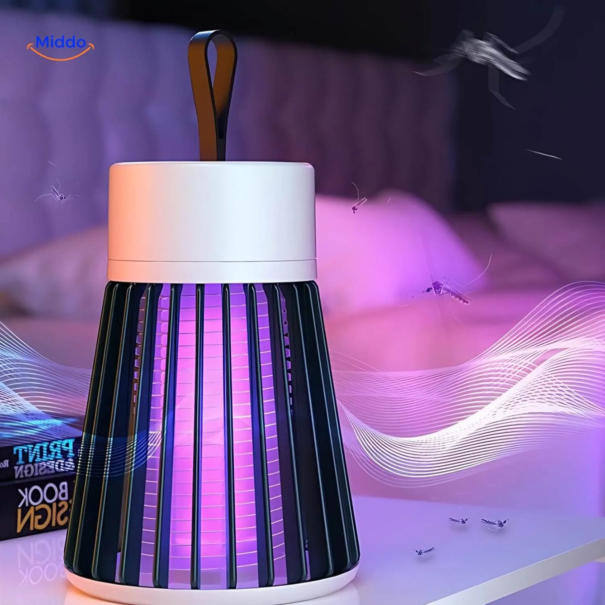Portable InstaZap mosquito lamp providing effective pest control in bedroom space.