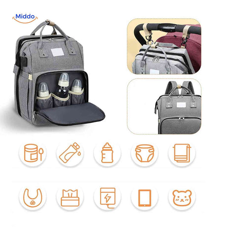 Multi-compartment diaper backpack with insulated sections and stroller hooks.