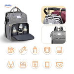 Multi-compartment diaper backpack with insulated sections and stroller hooks.