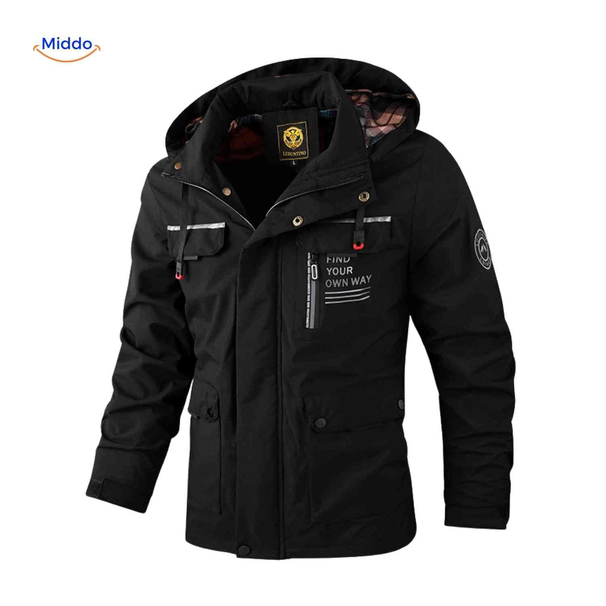 Insulated men's winter jacket with hood and zip pockets.