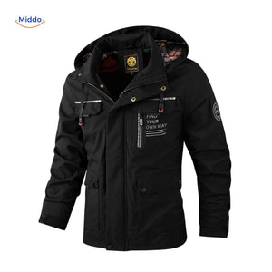 Insulated men's winter jacket with hood and zip pockets.