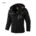Insulated men's winter jacket with hood and zip pockets.