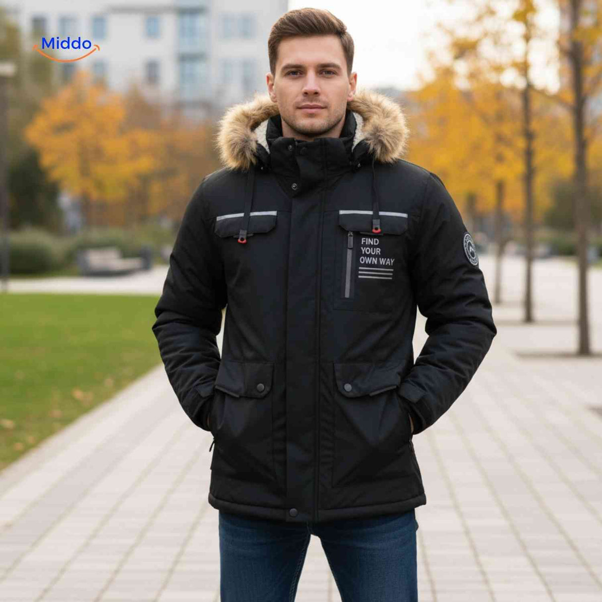 Beige insulated men's parka with fur collar and utility pockets.