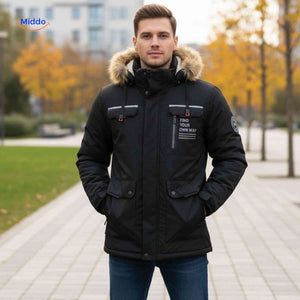 Beige insulated men's parka with fur collar and utility pockets.