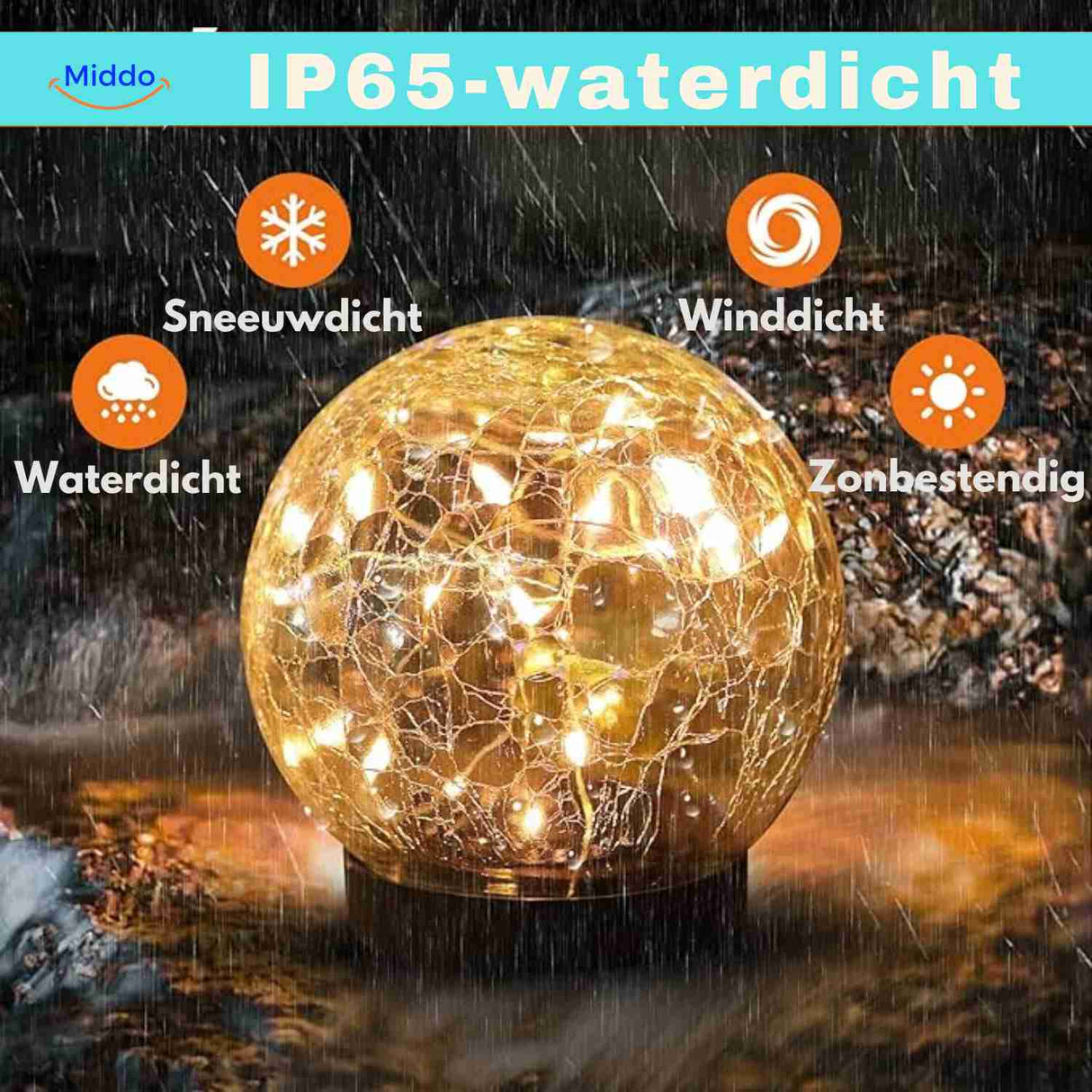 IP65 waterproof solar lamp with weatherproof protection rating.