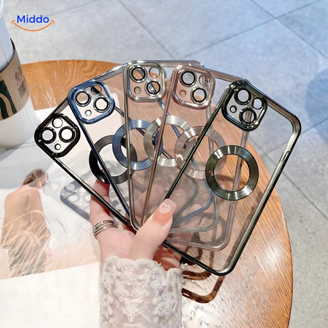 iPhone cases with magnetic wireless charger compatibility and lens protection shown.