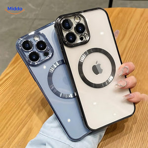 Black and white iPhone case with magnetic ring mount for hands-free viewing.