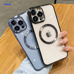 Black and white iPhone case with magnetic ring mount for hands-free viewing.