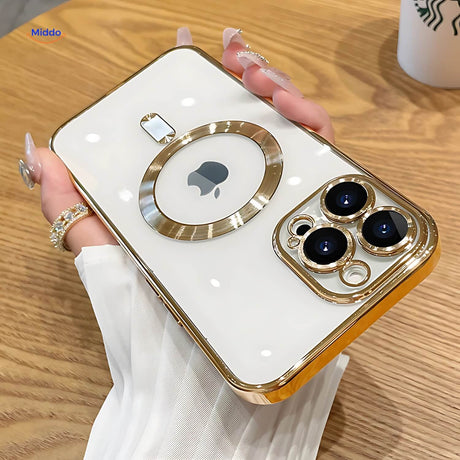 Gold iPhone protective case combining style with military-grade drop protection.
