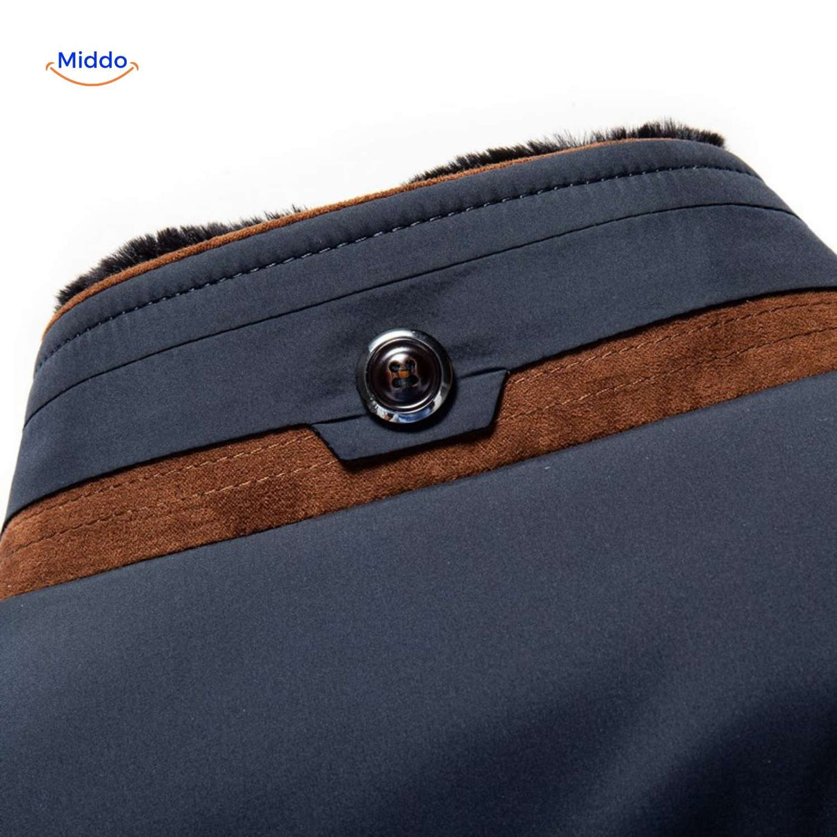 Quilted jacket collar and button fastening detail close-up.