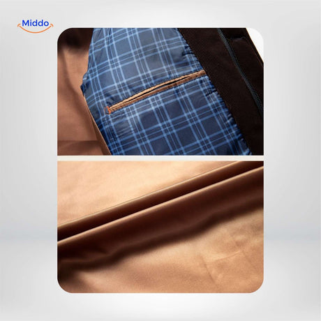 Quilted jacket interior showing plaid patterned lining.