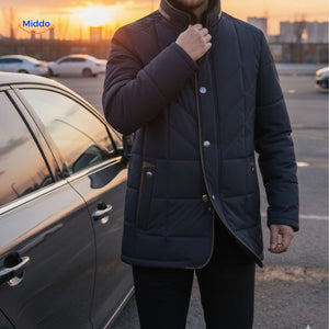 Men's quilted jacket with visible button and pocket details by car.